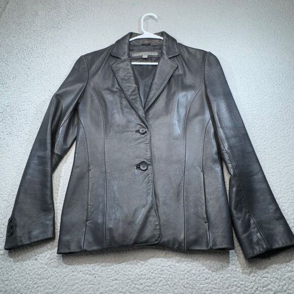Kenneth Cole Jacket Women Medium Leather Coat Blazer Moto Notch Collar Pockets - Picture 1 of 16